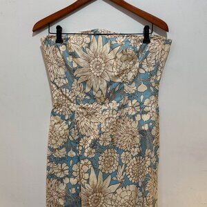J. Crew Strapless Floral Dress in Cream and Light Blue